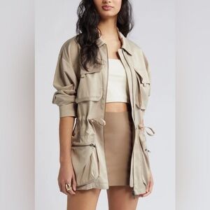 Open Edit | Women's Khaki Satin Finish Zip Front Cinch Waist Utility Jacket Sz S